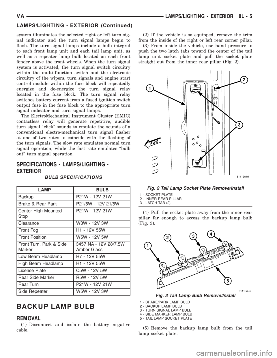 MERCEDES-BENZ SPRINTER 2005 Service Repair Manual system illuminates the selected right or left turn sig-
nal indicator and the turn signal lamps begin to
flash. The turn signal lamps include a bulb integral
to each front lamp unit and each tail lamp MERCEDES-BENZ SPRINTER 2005 Service Repair Manual system illuminates the selected right or left turn sig-
nal indicator and the turn signal lamps begin to
flash. The turn signal lamps include a bulb integral
to each front lamp unit and each tail lamp