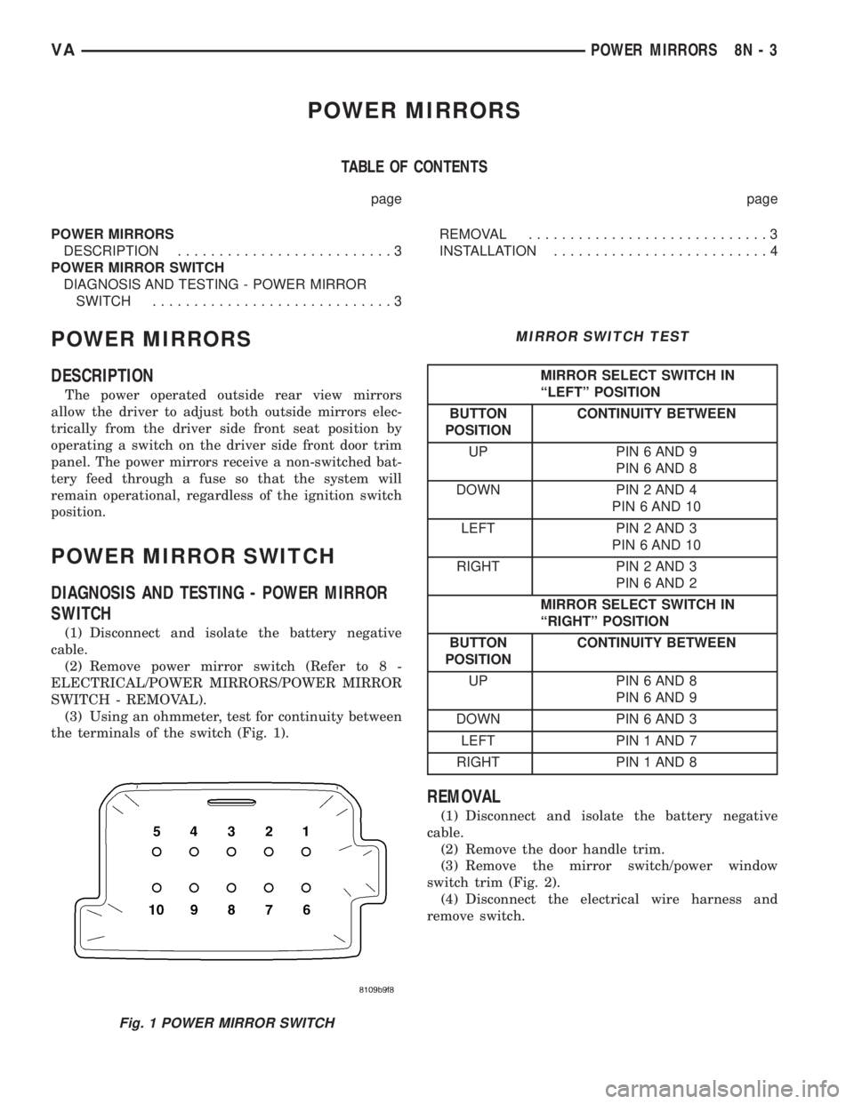 MERCEDES-BENZ SPRINTER 2005 Service Repair Manual POWER MIRRORS
TABLE OF CONTENTS
page page
POWER MIRRORS
DESCRIPTION..........................3
POWER MIRROR SWITCH
DIAGNOSIS AND TESTING - POWER MIRROR
SWITCH.............................3REMOVAL..... MERCEDES-BENZ SPRINTER 2005 Service Repair Manual POWER MIRRORS
TABLE OF CONTENTS
page page
POWER MIRRORS
DESCRIPTION..........................3
POWER MIRROR SWITCH
DIAGNOSIS AND TESTING - POWER MIRROR
SWITCH.............................3REMOVAL.....