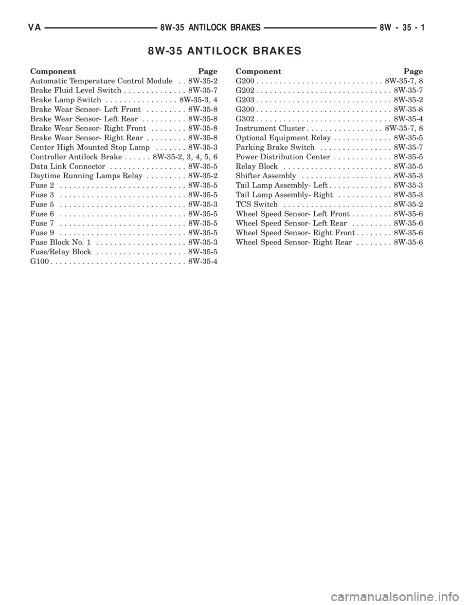 MERCEDES-BENZ SPRINTER 2005 Service Repair Manual 8W-35 ANTILOCK BRAKES
Component Page
Automatic Temperature Control Module . . 8W-35-2
Brake Fluid Level Switch.............. 8W-35-7
Brake Lamp Switch................ 8W-35-3, 4
Brake Wear Sensor- Lef MERCEDES-BENZ SPRINTER 2005 Service Repair Manual 8W-35 ANTILOCK BRAKES
Component Page
Automatic Temperature Control Module . . 8W-35-2
Brake Fluid Level Switch.............. 8W-35-7
Brake Lamp Switch................ 8W-35-3, 4
Brake Wear Sensor- Lef