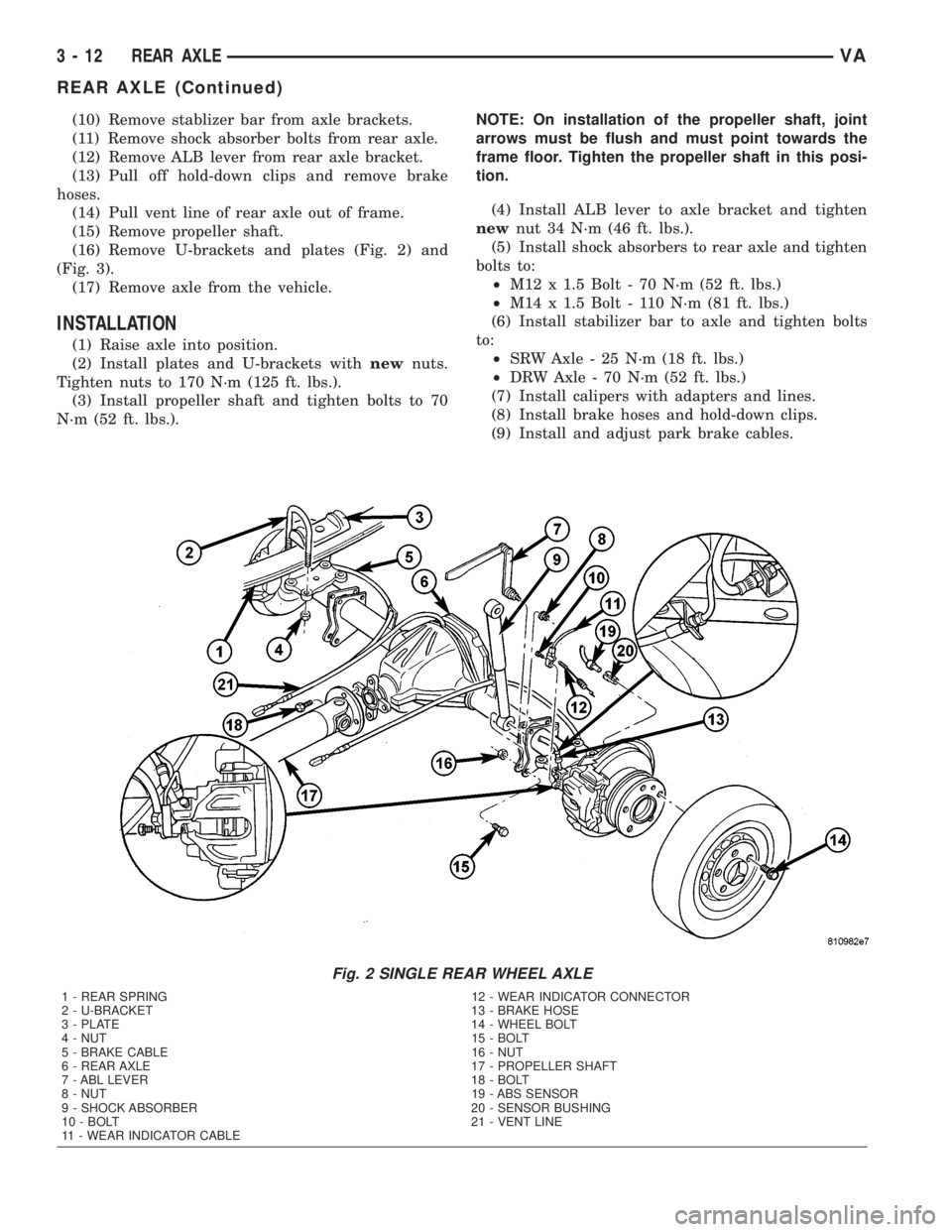 MERCEDES-BENZ SPRINTER 2005 Service Workshop Manual (10) Remove stablizer bar from axle brackets.
(11) Remove shock absorber bolts from rear axle.
(12) Remove ALB lever from rear axle bracket.
(13) Pull off hold-down clips and remove brake
hoses.
(14) MERCEDES-BENZ SPRINTER 2005 Service Workshop Manual (10) Remove stablizer bar from axle brackets.
(11) Remove shock absorber bolts from rear axle.
(12) Remove ALB lever from rear axle bracket.
(13) Pull off hold-down clips and remove brake
hoses.
(14)