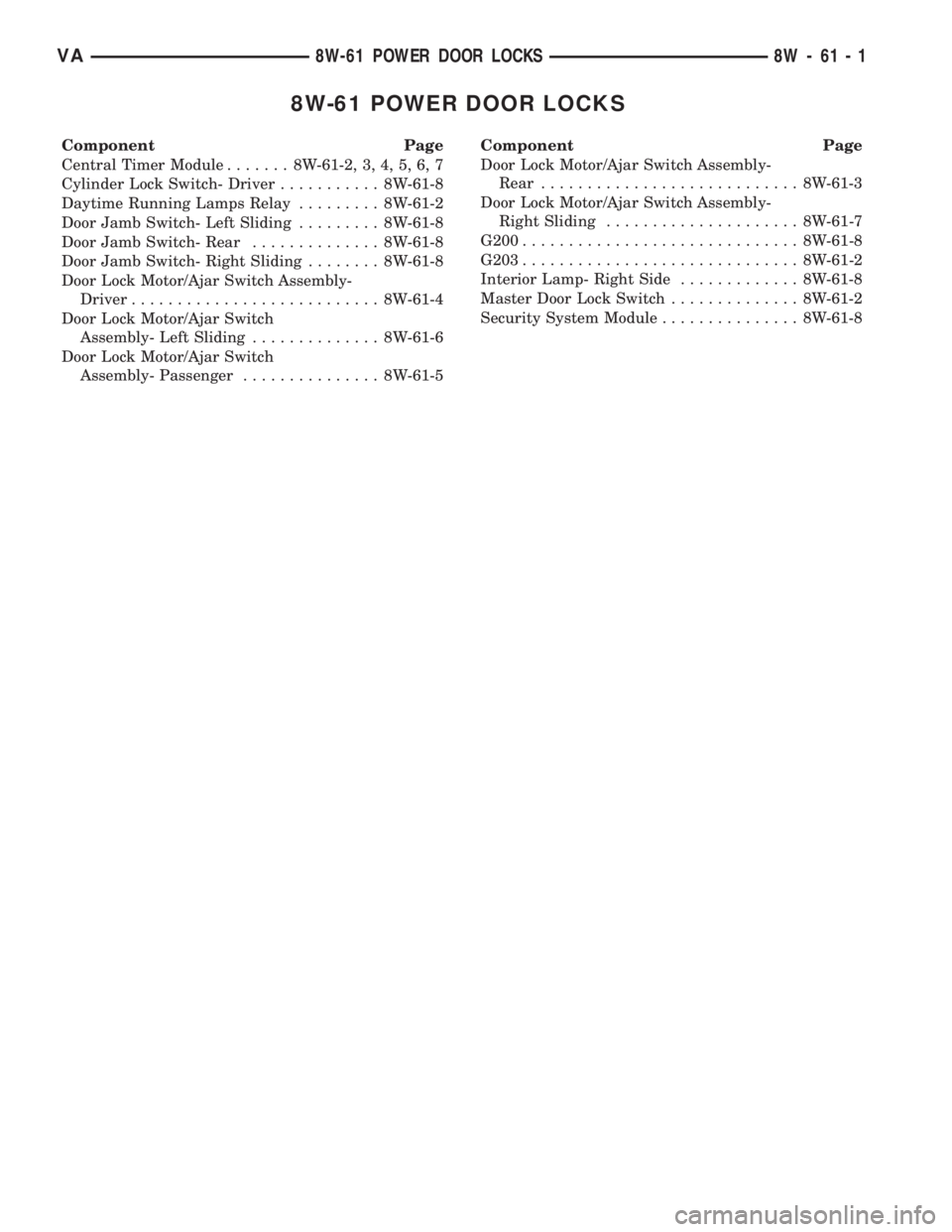 MERCEDES-BENZ SPRINTER 2005 Service Repair Manual 8W-61 POWER DOOR LOCKS
Component Page
Central Timer Module....... 8W-61-2, 3, 4, 5, 6, 7
Cylinder Lock Switch- Driver........... 8W-61-8
Daytime Running Lamps Relay......... 8W-61-2
Door Jamb Switch- MERCEDES-BENZ SPRINTER 2005 Service Repair Manual 8W-61 POWER DOOR LOCKS
Component Page
Central Timer Module....... 8W-61-2, 3, 4, 5, 6, 7
Cylinder Lock Switch- Driver........... 8W-61-8
Daytime Running Lamps Relay......... 8W-61-2
Door Jamb Switch-