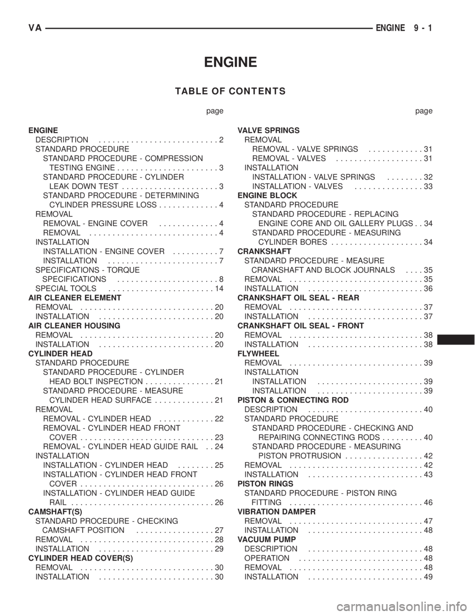 MERCEDES-BENZ SPRINTER 2005 Service Repair Manual ENGINE
TABLE OF CONTENTS
page page
ENGINE
DESCRIPTION..........................2
STANDARD PROCEDURE
STANDARD PROCEDURE - COMPRESSION
TESTING ENGINE......................3
STANDARD PROCEDURE - CYLINDER MERCEDES-BENZ SPRINTER 2005 Service Repair Manual ENGINE
TABLE OF CONTENTS
page page
ENGINE
DESCRIPTION..........................2
STANDARD PROCEDURE
STANDARD PROCEDURE - COMPRESSION
TESTING ENGINE......................3
STANDARD PROCEDURE - CYLINDER