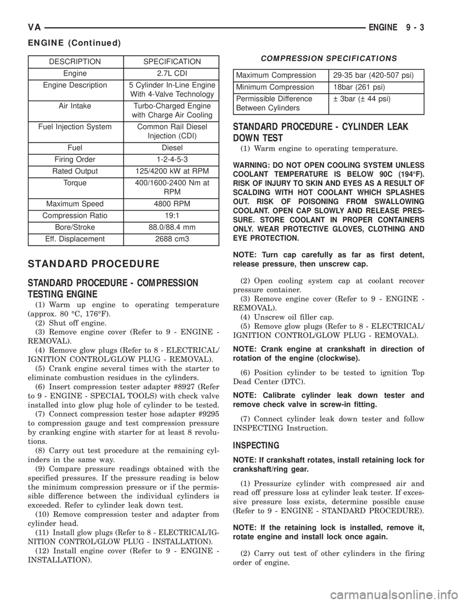 MERCEDES-BENZ SPRINTER 2005 Service Repair Manual DESCRIPTION SPECIFICATION
Engine 2.7L CDI
Engine Description 5 Cylinder In-Line Engine
With 4-Valve Technology
Air Intake Turbo-Charged Engine
with Charge Air Cooling
Fuel Injection System Common Rail MERCEDES-BENZ SPRINTER 2005 Service Repair Manual DESCRIPTION SPECIFICATION
Engine 2.7L CDI
Engine Description 5 Cylinder In-Line Engine
With 4-Valve Technology
Air Intake Turbo-Charged Engine
with Charge Air Cooling
Fuel Injection System Common Rail