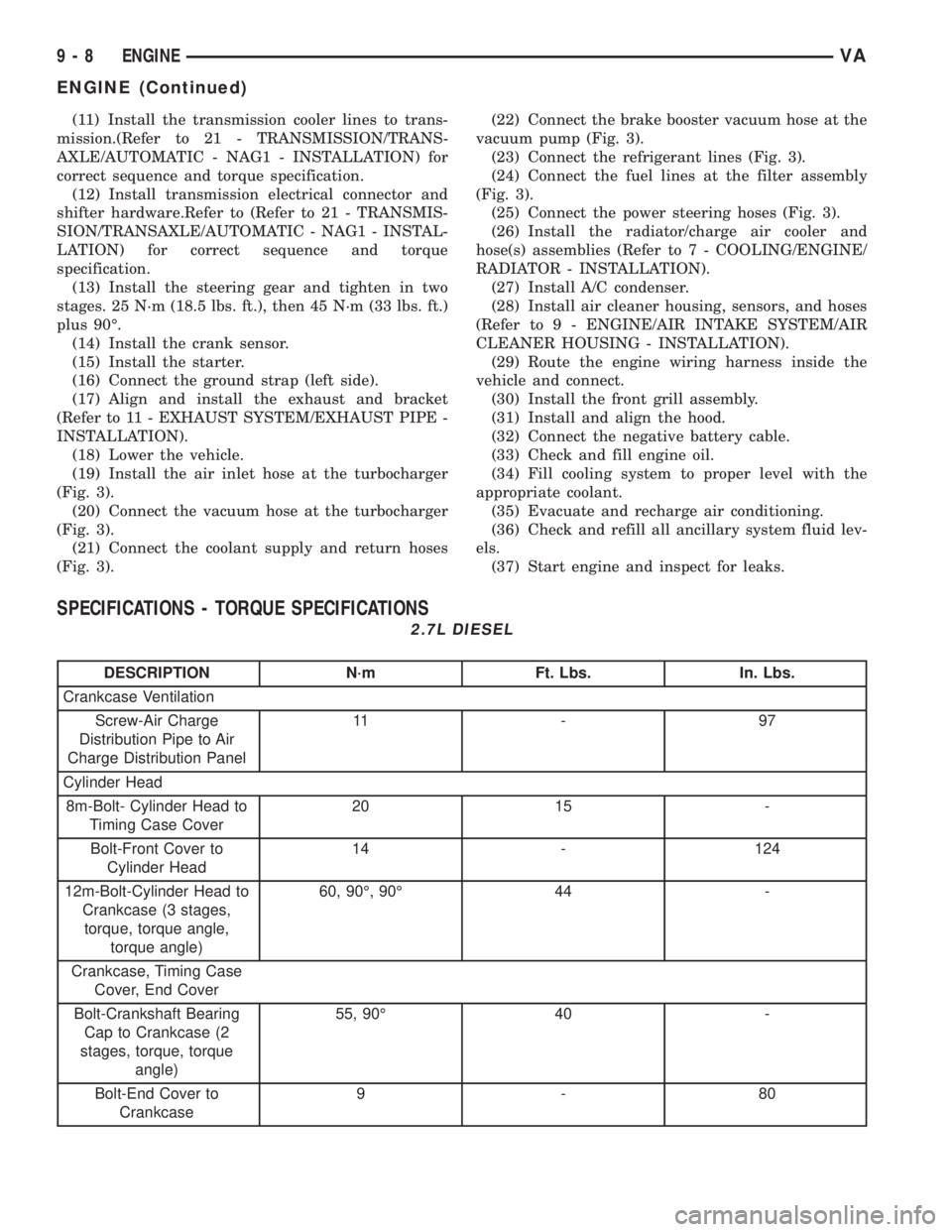 MERCEDES-BENZ SPRINTER 2005 Service Repair Manual (11) Install the transmission cooler lines to trans-
mission.(Refer to 21 - TRANSMISSION/TRANS-
AXLE/AUTOMATIC - NAG1 - INSTALLATION) for
correct sequence and torque specification.
(12) Install transm MERCEDES-BENZ SPRINTER 2005 Service Repair Manual (11) Install the transmission cooler lines to trans-
mission.(Refer to 21 - TRANSMISSION/TRANS-
AXLE/AUTOMATIC - NAG1 - INSTALLATION) for
correct sequence and torque specification.
(12) Install transm