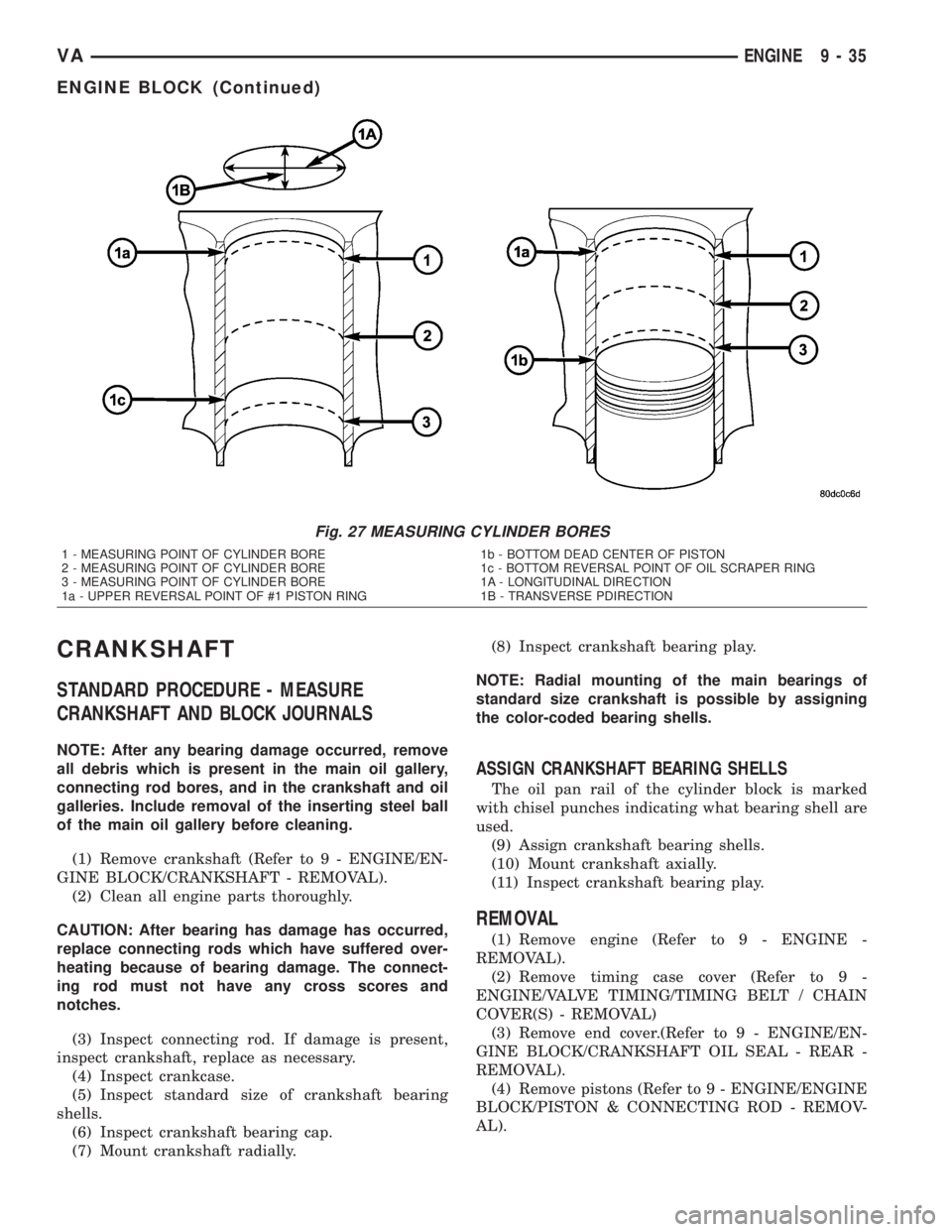 MERCEDES-BENZ SPRINTER 2005 Service Repair Manual CRANKSHAFT
STANDARD PROCEDURE - MEASURE
CRANKSHAFT AND BLOCK JOURNALS
NOTE: After any bearing damage occurred, remove
all debris which is present in the main oil gallery,
connecting rod bores, and in MERCEDES-BENZ SPRINTER 2005 Service Repair Manual CRANKSHAFT
STANDARD PROCEDURE - MEASURE
CRANKSHAFT AND BLOCK JOURNALS
NOTE: After any bearing damage occurred, remove
all debris which is present in the main oil gallery,
connecting rod bores, and in