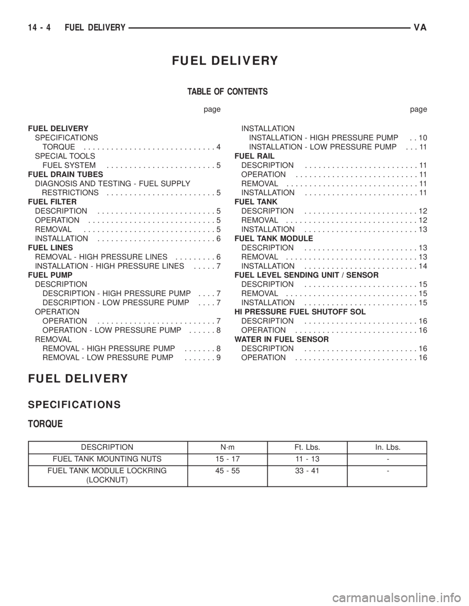 MERCEDES-BENZ SPRINTER 2005 Service Repair Manual FUEL DELIVERY
TABLE OF CONTENTS
page page
FUEL DELIVERY
SPECIFICATIONS
TORQUE.............................4
SPECIAL TOOLS
FUEL SYSTEM........................5
FUEL DRAIN TUBES
DIAGNOSIS AND TESTING - MERCEDES-BENZ SPRINTER 2005 Service Repair Manual FUEL DELIVERY
TABLE OF CONTENTS
page page
FUEL DELIVERY
SPECIFICATIONS
TORQUE.............................4
SPECIAL TOOLS
FUEL SYSTEM........................5
FUEL DRAIN TUBES
DIAGNOSIS AND TESTING -
