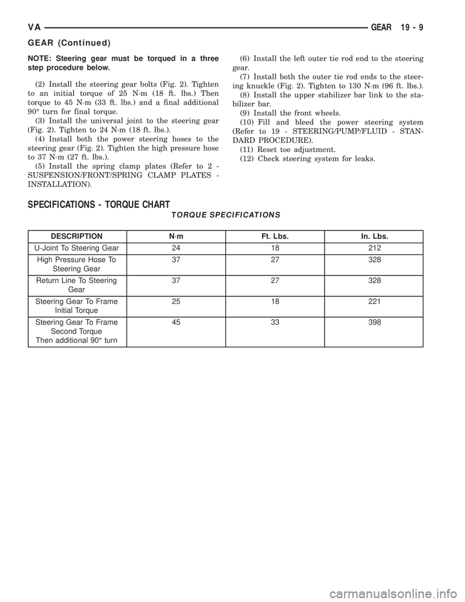 MERCEDES-BENZ SPRINTER 2005 Service Repair Manual NOTE: Steering gear must be torqued in a three
step procedure below.
(2) Install the steering gear bolts (Fig. 2). Tighten
to an initial torque of 25 N´m (18 ft. lbs.) Then
torque to 45 N´m (33 ft. MERCEDES-BENZ SPRINTER 2005 Service Repair Manual NOTE: Steering gear must be torqued in a three
step procedure below.
(2) Install the steering gear bolts (Fig. 2). Tighten
to an initial torque of 25 N´m (18 ft. lbs.) Then
torque to 45 N´m (33 ft.