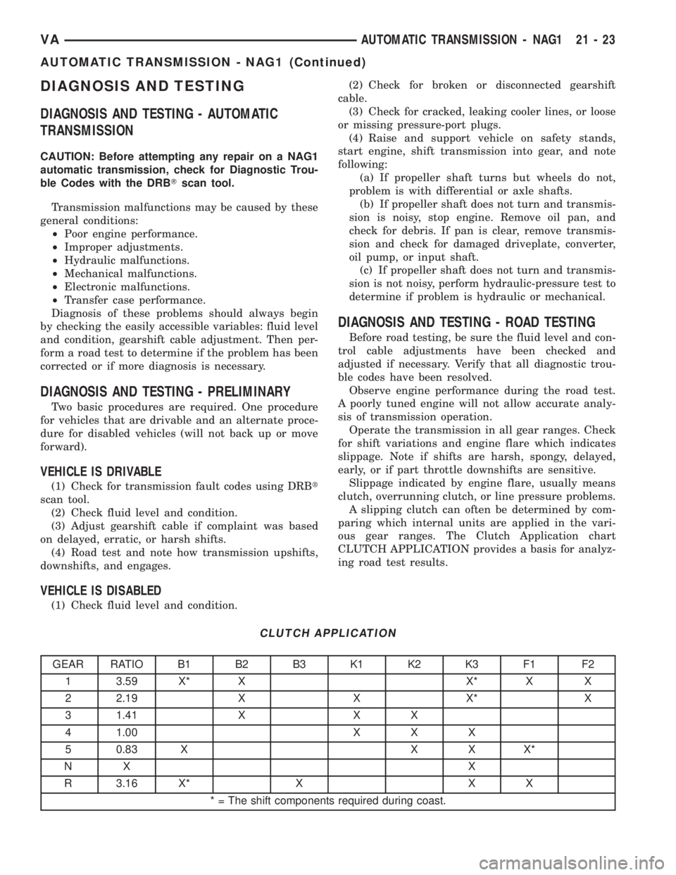 MERCEDES-BENZ SPRINTER 2005 Service Repair Manual DIAGNOSIS AND TESTING
DIAGNOSIS AND TESTING - AUTOMATIC
TRANSMISSION
CAUTION: Before attempting any repair on a NAG1
automatic transmission, check for Diagnostic Trou-
ble Codes with the DRBTscan tool MERCEDES-BENZ SPRINTER 2005 Service Repair Manual DIAGNOSIS AND TESTING
DIAGNOSIS AND TESTING - AUTOMATIC
TRANSMISSION
CAUTION: Before attempting any repair on a NAG1
automatic transmission, check for Diagnostic Trou-
ble Codes with the DRBTscan tool