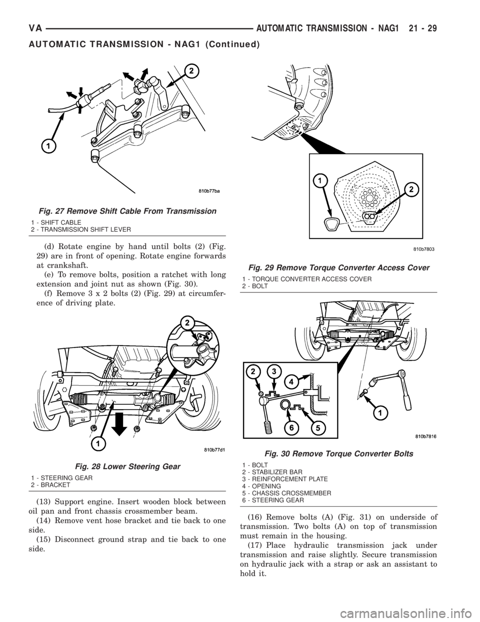 MERCEDES-BENZ SPRINTER 2005 Service Repair Manual (d) Rotate engine by hand until bolts (2) (Fig.
29) are in front of opening. Rotate engine forwards
at crankshaft.
(e) To remove bolts, position a ratchet with long
extension and joint nut as shown (F MERCEDES-BENZ SPRINTER 2005 Service Repair Manual (d) Rotate engine by hand until bolts (2) (Fig.
29) are in front of opening. Rotate engine forwards
at crankshaft.
(e) To remove bolts, position a ratchet with long
extension and joint nut as shown (F
