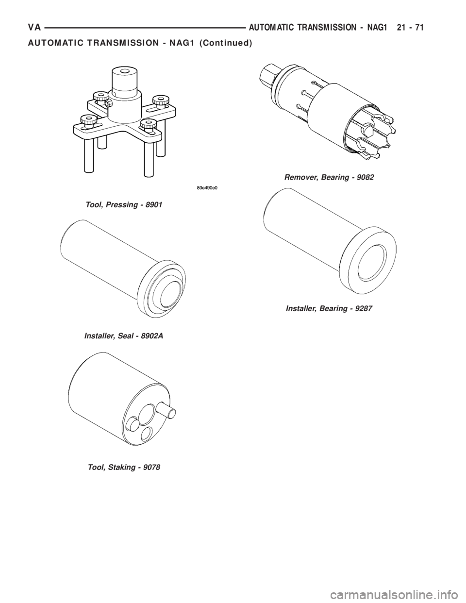 MERCEDES-BENZ SPRINTER 2005 Service Repair Manual Tool, Pressing - 8901
Installer, Seal - 8902A
Tool, Staking - 9078
Remover, Bearing - 9082
Installer, Bearing - 9287
VAAUTOMATIC TRANSMISSION - NAG1 21 - 71
AUTOMATIC TRANSMISSION - NAG1 (Continued) MERCEDES-BENZ SPRINTER 2005 Service Repair Manual Tool, Pressing - 8901
Installer, Seal - 8902A
Tool, Staking - 9078
Remover, Bearing - 9082
Installer, Bearing - 9287
VAAUTOMATIC TRANSMISSION - NAG1 21 - 71
AUTOMATIC TRANSMISSION - NAG1 (Continued)