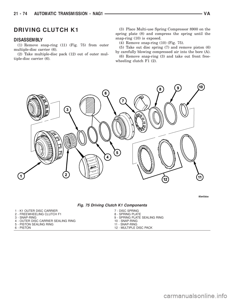 MERCEDES-BENZ SPRINTER 2005 Service Repair Manual DRIVING CLUTCH K1
DISASSEMBLY
(1) Remove snap-ring (11) (Fig. 75) from outer
multiple-disc carrier (6).
(2) Take multiple-disc pack (12) out of outer mul-
tiple-disc carrier (6).(3) Place Multi-use Sp MERCEDES-BENZ SPRINTER 2005 Service Repair Manual DRIVING CLUTCH K1
DISASSEMBLY
(1) Remove snap-ring (11) (Fig. 75) from outer
multiple-disc carrier (6).
(2) Take multiple-disc pack (12) out of outer mul-
tiple-disc carrier (6).(3) Place Multi-use Sp