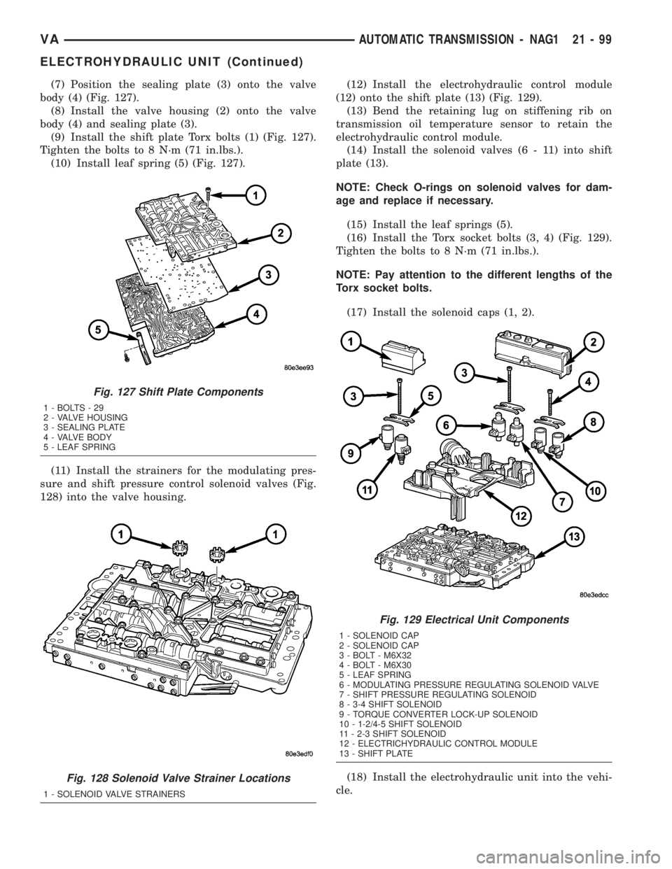 MERCEDES-BENZ SPRINTER 2005 Service Repair Manual (7) Position the sealing plate (3) onto the valve
body (4) (Fig. 127).
(8) Install the valve housing (2) onto the valve
body (4) and sealing plate (3).
(9) Install the shift plate Torx bolts (1) (Fig. MERCEDES-BENZ SPRINTER 2005 Service Repair Manual (7) Position the sealing plate (3) onto the valve
body (4) (Fig. 127).
(8) Install the valve housing (2) onto the valve
body (4) and sealing plate (3).
(9) Install the shift plate Torx bolts (1) (Fig.