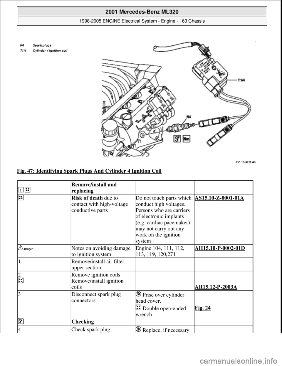 MERCEDES-BENZ ML320 1997 Complete Repair Manual Fig. 47: Identifying Spark Plugs And Cylinder 4 Ignition Coil
Remove/install and
replacing
Risk of death due to
contact with high-voltage
conductive partsDo not touch parts which
conduct h MERCEDES-BENZ ML320 1997 Complete Repair Manual Fig. 47: Identifying Spark Plugs And Cylinder 4 Ignition Coil
Remove/install and
replacing
Risk of death due to
contact with high-voltage
conductive partsDo not touch parts which
conduct h