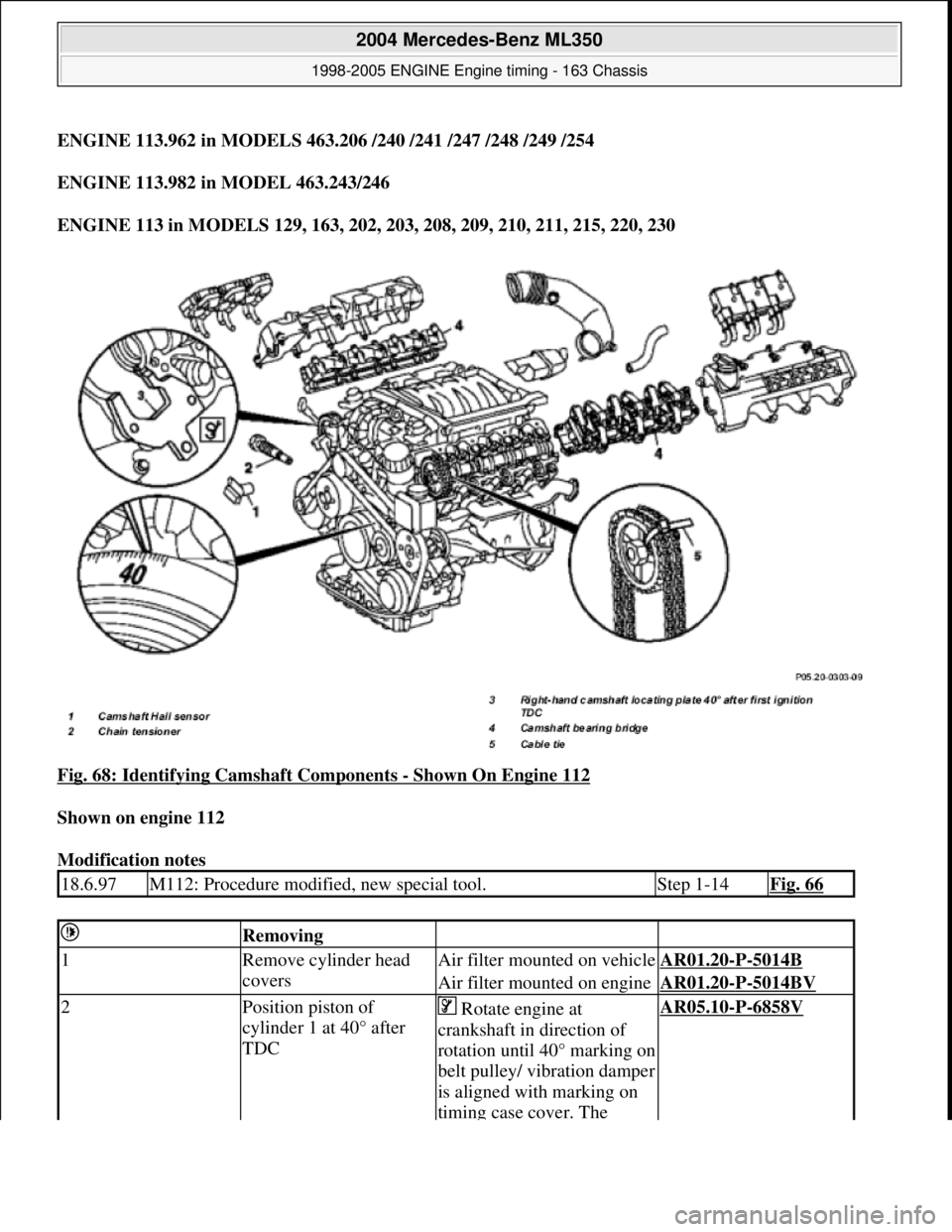 MERCEDES-BENZ ML320 1997  Complete Repair Manual ENGINE 113.962 in MODELS 463.206 / 240 /241 /247 /248 /249 /254 
ENGINE 113.982 in MODEL 463.243/246     
ENGINE 113 in MODELS 129, 163, 202, 203, 208, 209, 210, 211, 215, 220, 230     
Fig. 68: Ident