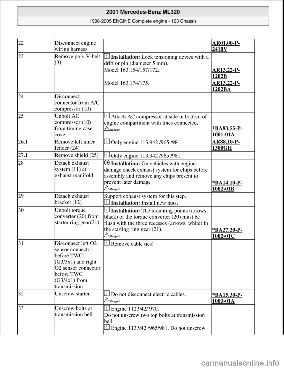MERCEDES-BENZ ML320 1997  Complete Repair Manual 22Disconnect engine  
wiring harness AR01.00-P-
2410V
23Remove poly V-belt 
(3)   Installation:  Lock tensioning device with a  
drift or pin (diameter 5 mm). 
Model 163.154/157/172.AR13.22-P-
1202B 

