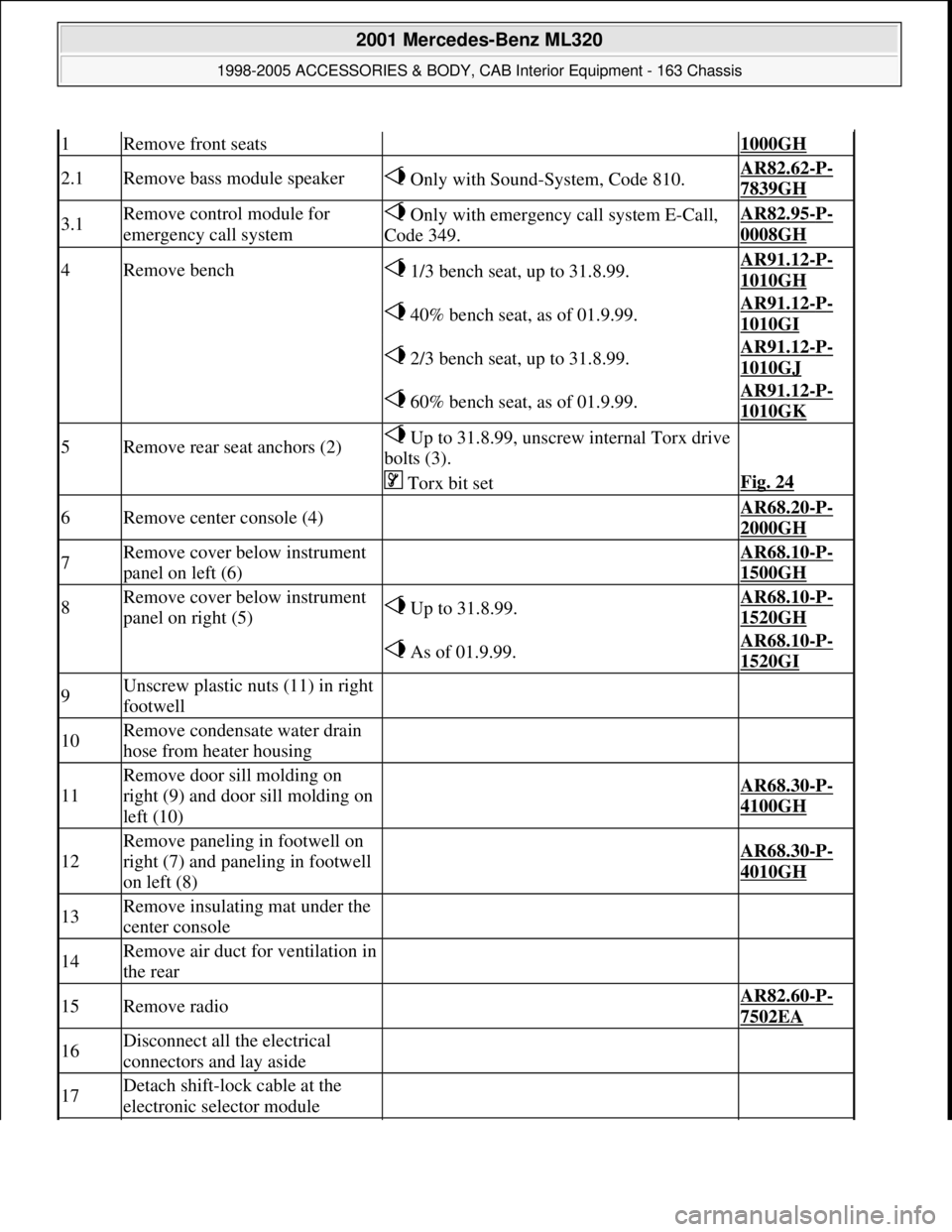 MERCEDES-BENZ ML320 1997 Complete Repair Manual 1Remove front seats 1000GH
2.1Remove bass module speaker Only with Sound-System, Code 810.AR82.62-P-
7839GH
3.1Remove control module for
emergency call system Only with emergency call system E-Call MERCEDES-BENZ ML320 1997 Complete Repair Manual 1Remove front seats 1000GH
2.1Remove bass module speaker Only with Sound-System, Code 810.AR82.62-P-
7839GH
3.1Remove control module for
emergency call system Only with emergency call system E-Call