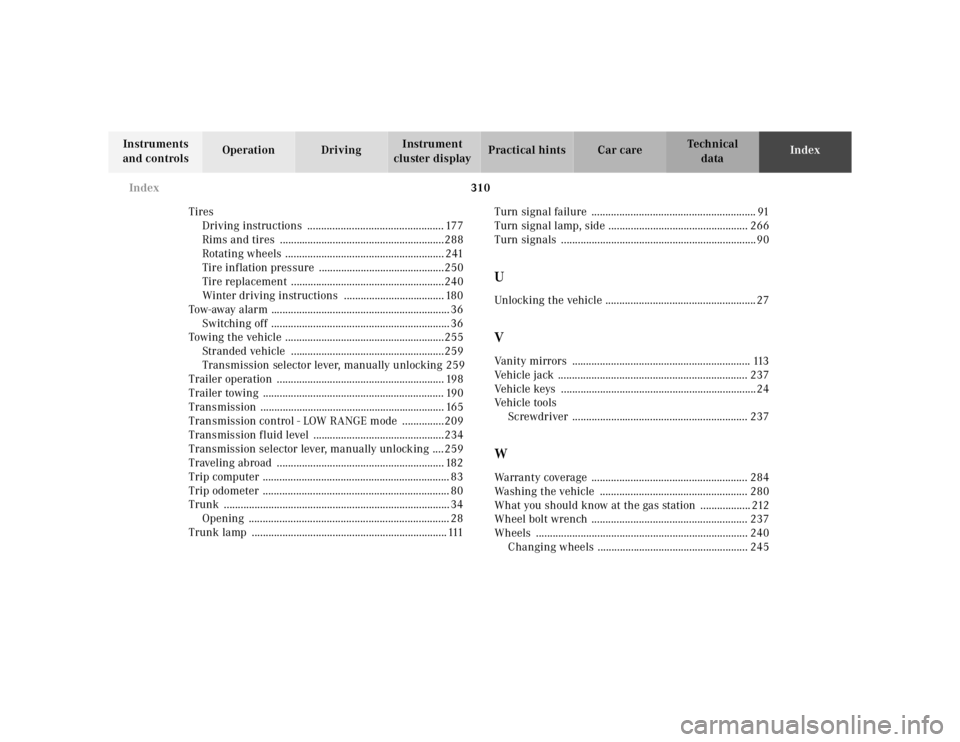 MERCEDES-BENZ ML320 1997 Complete Repair Manual 310 Index
Te ch n ica l
data Instruments
and controlsOperation DrivingInstrument
cluster displayPractical hints Car careIndex
Tires
Driving instructions ............................................ MERCEDES-BENZ ML320 1997 Complete Repair Manual 310 Index
Te ch n ica l
data Instruments
and controlsOperation DrivingInstrument
cluster displayPractical hints Car careIndex
Tires
Driving instructions ............................................