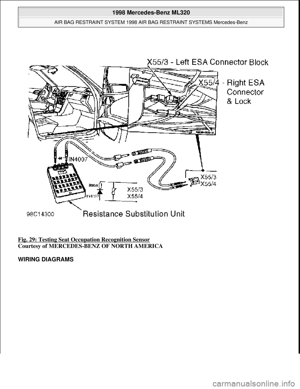 MERCEDES-BENZ ML320 1997  Complete Repair Manual Fig. 29: Testing Seat Occupation Recognition Sensor 
Courtesy of MERCEDES-BENZ OF NORTH AMERICA 
WIRING DIAGRAMS 
 
1998 Mercedes-Benz ML320 
AIR BAG RESTRAINT SYSTEM 1998 AIR BAG RESTRAINT SYSTEMS Me