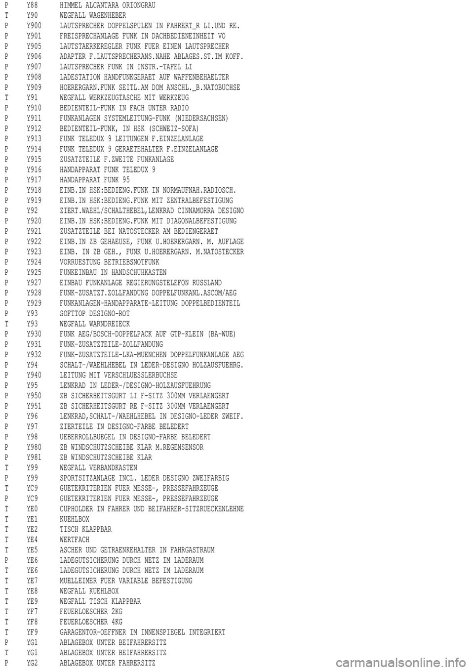 MERCEDES-BENZ ML320 1997 Complete Repair Manual P Y88 HIMMEL ALCANTARA ORIONGRAU
T Y90 WEGFALL WAGENHEBER
P Y900 LAUTSPRECHER DOPPELSPULEN IN FAHRERT_R LI.UND RE.
P Y901 FREISPRECHANLAGE FUNK IN DACHBEDIENEINHEIT VO
P Y905 LAUTSTAERKEREGLER FUNK FU MERCEDES-BENZ ML320 1997 Complete Repair Manual P Y88 HIMMEL ALCANTARA ORIONGRAU
T Y90 WEGFALL WAGENHEBER
P Y900 LAUTSPRECHER DOPPELSPULEN IN FAHRERT_R LI.UND RE.
P Y901 FREISPRECHANLAGE FUNK IN DACHBEDIENEINHEIT VO
P Y905 LAUTSTAERKEREGLER FUNK FU