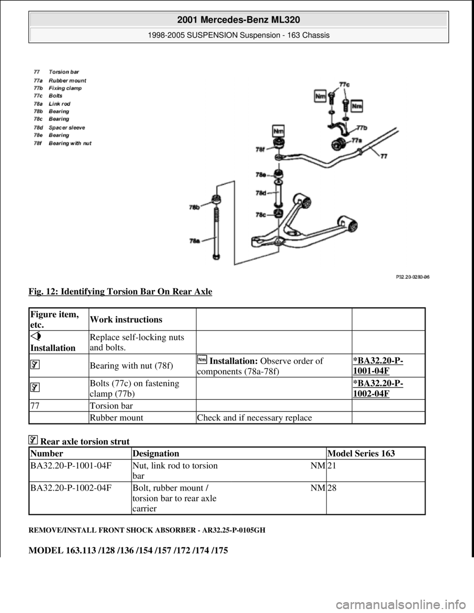 MERCEDES-BENZ ML320 1997 Complete Repair Manual Fig. 12: Identifying Torsion Bar On Rear Axle
Rear axle torsion strut
REMOVE/INSTALL FRONT SHOCK ABSORBER - AR32.25-P-0105GH
MODEL 163.113 /128 /136 /154 /157 /172 /174 /175
Figure item,
etc.Work MERCEDES-BENZ ML320 1997 Complete Repair Manual Fig. 12: Identifying Torsion Bar On Rear Axle
Rear axle torsion strut
REMOVE/INSTALL FRONT SHOCK ABSORBER - AR32.25-P-0105GH
MODEL 163.113 /128 /136 /154 /157 /172 /174 /175
Figure item,
etc.Work