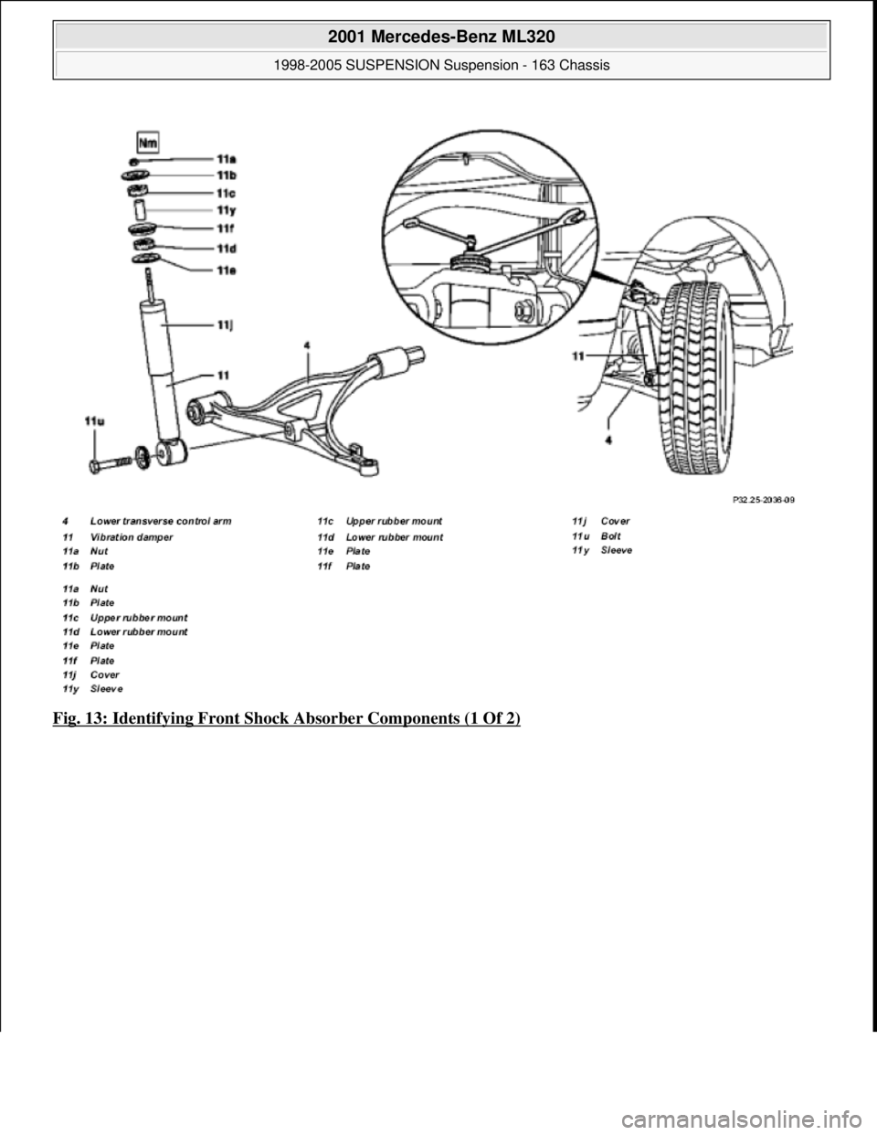 MERCEDES-BENZ ML320 1997  Complete Repair Manual Fig. 13: Identifying Front Shock Absorber Components (1 Of 2)
 
2001 Mercedes-Benz ML320 
1998-2005 SUSPENSION Suspension - 163 Chassis  
me  
Saturday, October 02, 2010 3:37:35 PMPage 13 © 2006 Mitc