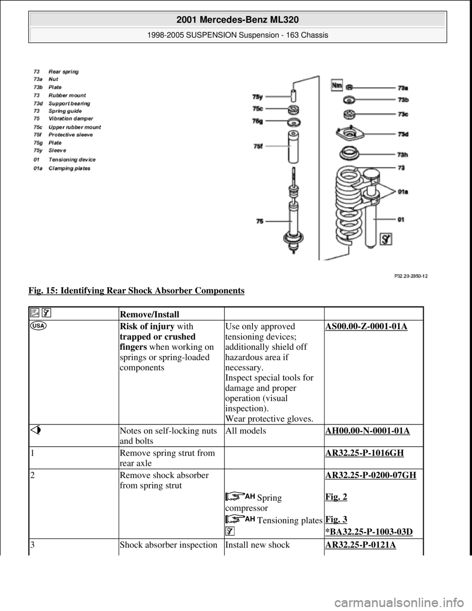 MERCEDES-BENZ ML320 1997  Complete Repair Manual Fig. 15: Identifying Rear Shock Absorber Components 
  Remove/Install   
 Risk of injury with 
trapped or crushed 
fingers when working on 
springs or spring-loaded 
componentsUse only approved 
tensi