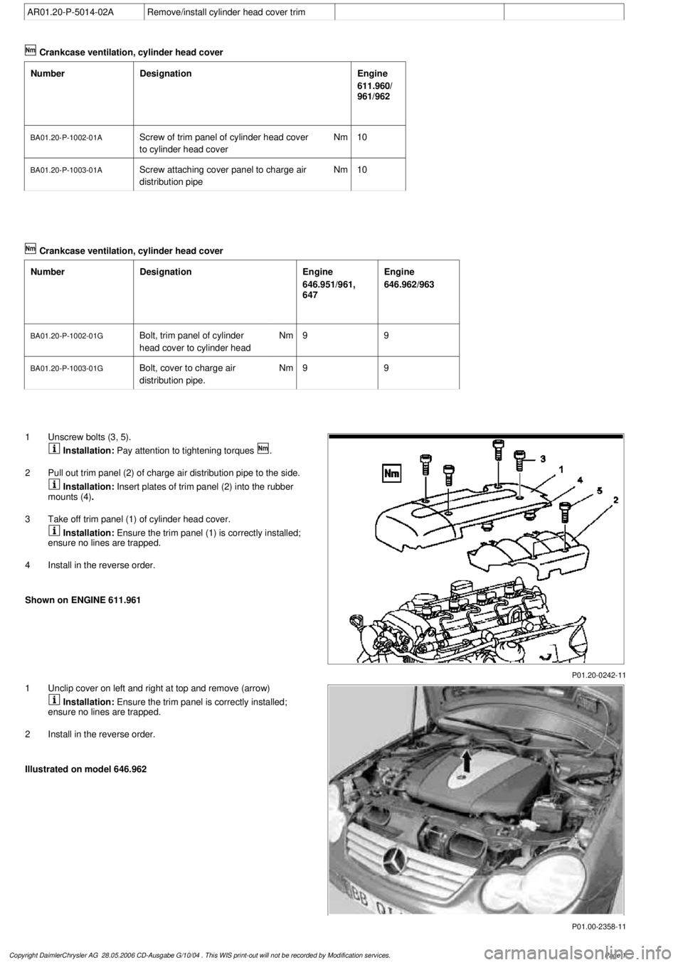 MERCEDES-BENZ ML320 1997  Complete Repair Manual 
 AR01.20-P-5014-02A
Remove/install cylinder head cover trim
 Crankcase ventilation, cylinder head cover

Number

Designation
Engine 

611.960/

961/962

BA01.20-P-1002-01A
Screw of trim panel of cyli