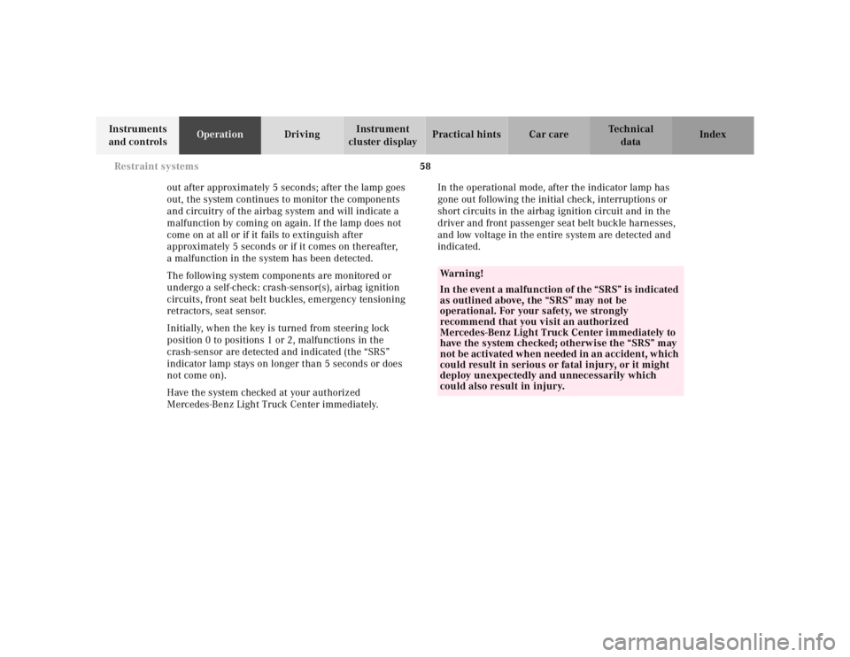 MERCEDES-BENZ ML320 1997 Complete Repair Manual 58
Restraint systems
Te ch n ica l
data
Instruments
and controls Operation
Driving Instrument
cluster display Practical hints Car care Index
out after approximately 5 seconds; after the lam MERCEDES-BENZ ML320 1997 Complete Repair Manual 58
Restraint systems
Te ch n ica l
data
Instruments
and controls Operation
Driving Instrument
cluster display Practical hints Car care Index
out after approximately 5 seconds; after the lam