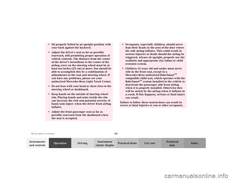 MERCEDES-BENZ ML320 1997  Complete Repair Manual 61 
Restraint systems
Te ch n ica l 
data 
Instruments  
and controls  Operation 
Driving Instrument  
cluster display  Practical hints Car care Index
• Sit properly belted in an upright position wi