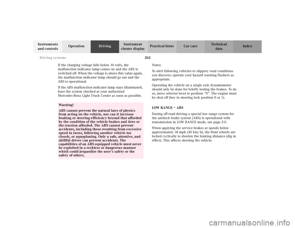 MERCEDES-BENZ ML320 1997 Complete Repair Manual 202
Driving systems
Te ch n ica l
data
Instruments
and controls Operation
Driving Instrument
cluster display Practical hints Car care Index
If the charging voltage falls below 10 volts, the MERCEDES-BENZ ML320 1997 Complete Repair Manual 202
Driving systems
Te ch n ica l
data
Instruments
and controls Operation
Driving Instrument
cluster display Practical hints Car care Index
If the charging voltage falls below 10 volts, the