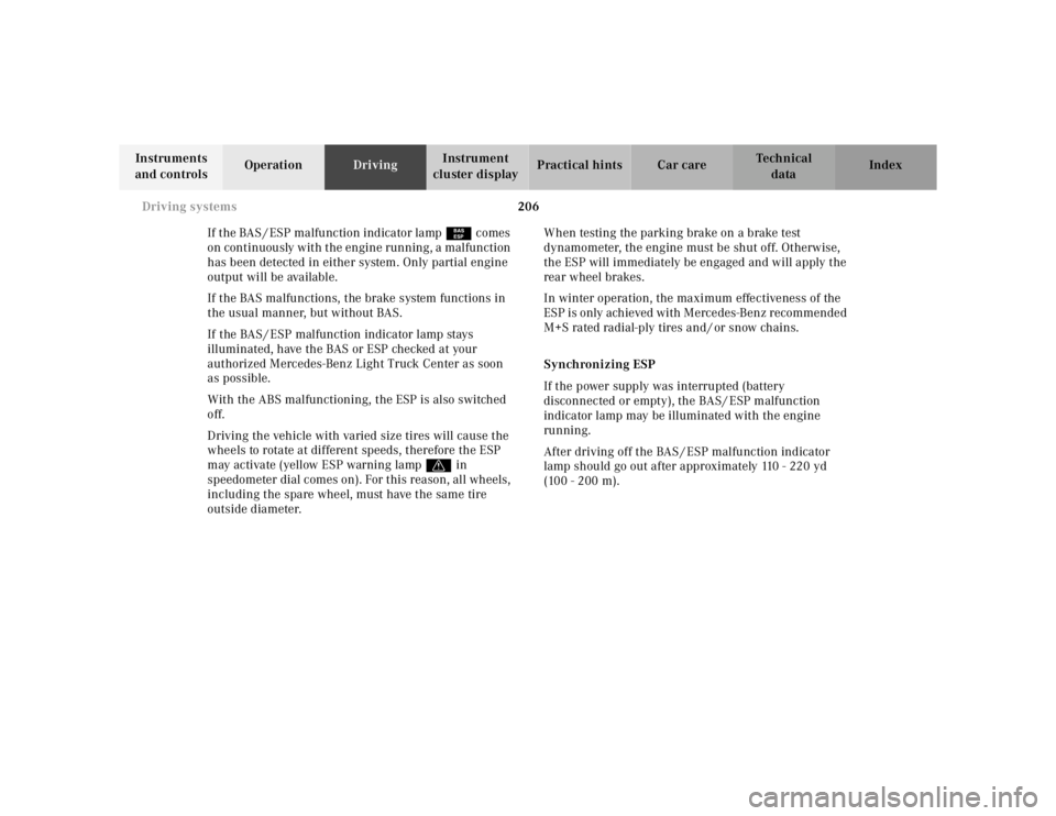 MERCEDES-BENZ ML320 1997  Complete Repair Manual 206 
Driving systems
Te ch n ica l 
data 
Instruments  
and controls  Operation 
Driving Instrument  
cluster display  Practical hints Car care Index 
If the BAS / ESP malfunction indicator lamp  ¿ c