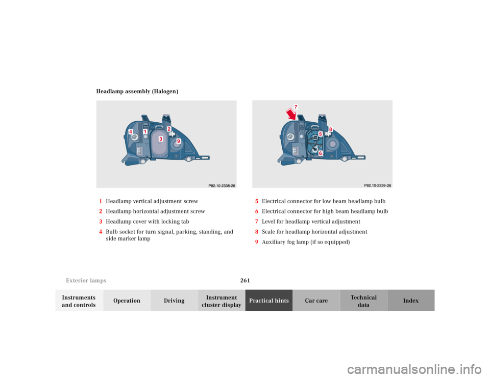 MERCEDES-BENZ ML320 1997 Complete Repair Manual 261
Exterior lamps
Te ch n ica l
data
Instruments
and controls Operation Driving
Instrument
cluster display Practical hints
Car care Index
Headlamp assembly (Halogen)
1 Headlamp vertical MERCEDES-BENZ ML320 1997 Complete Repair Manual 261
Exterior lamps
Te ch n ica l
data
Instruments
and controls Operation Driving
Instrument
cluster display Practical hints
Car care Index
Headlamp assembly (Halogen)
1 Headlamp vertical