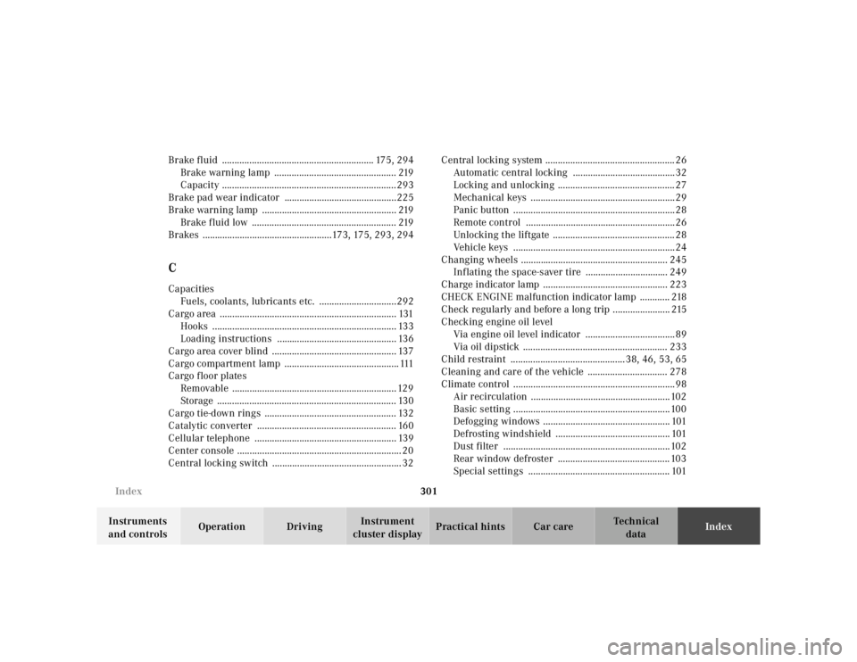 MERCEDES-BENZ ML320 1997  Complete Repair Manual 301 
Index
Te ch n ica l 
data 
Instruments  
and controls  Operation Driving 
Instrument  
cluster display  Practical hints Car care 
Index 
Brake fluid  .............................................