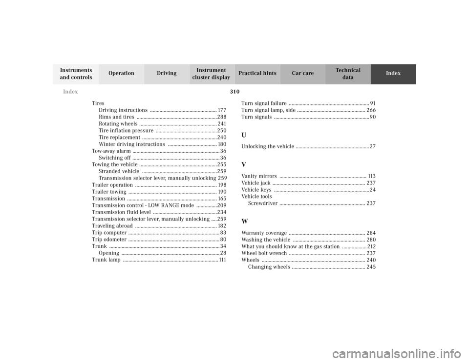 MERCEDES-BENZ ML320 1997 Complete Repair Manual 310
Index
Te ch n ica l
data
Instruments
and controls Operation Driving
Instrument
cluster display Practical hints Car care
Index
Tires Driving instructions ............................. MERCEDES-BENZ ML320 1997 Complete Repair Manual 310
Index
Te ch n ica l
data
Instruments
and controls Operation Driving
Instrument
cluster display Practical hints Car care
Index
Tires Driving instructions .............................
