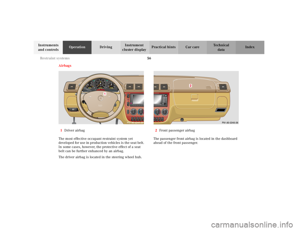 MERCEDES-BENZ ML350 1997  Complete Repair Manual 56 Restraint systems
Te ch n ica l
data Instruments 
and controlsOperationDrivingInstrument 
cluster displayPractical hints Car care Index
Airbags
1Driver airbag
The most effective occupant restraint 
