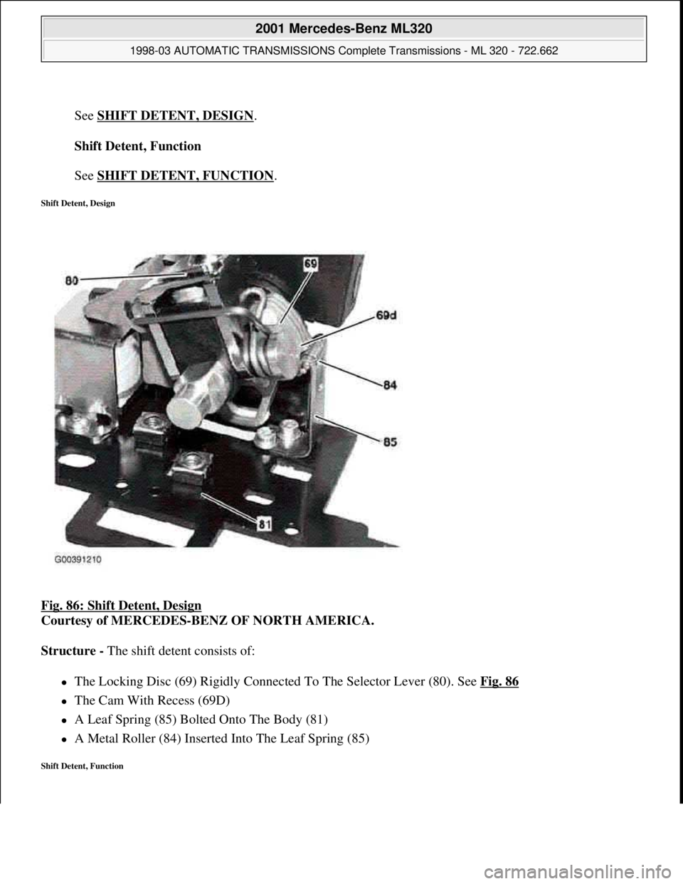 MERCEDES-BENZ ML350 1997  Complete Repair Manual  
See SHIFT DETENT, DESIGN
. 
Shift Detent, Function 
 
See SHIFT DETENT, FUNCTION
.  
Shift Detent, Design 
Fig. 86: Shift Detent, Design 
Courtesy of MERCEDES-BENZ OF NORTH AMERICA. 
Structure - The