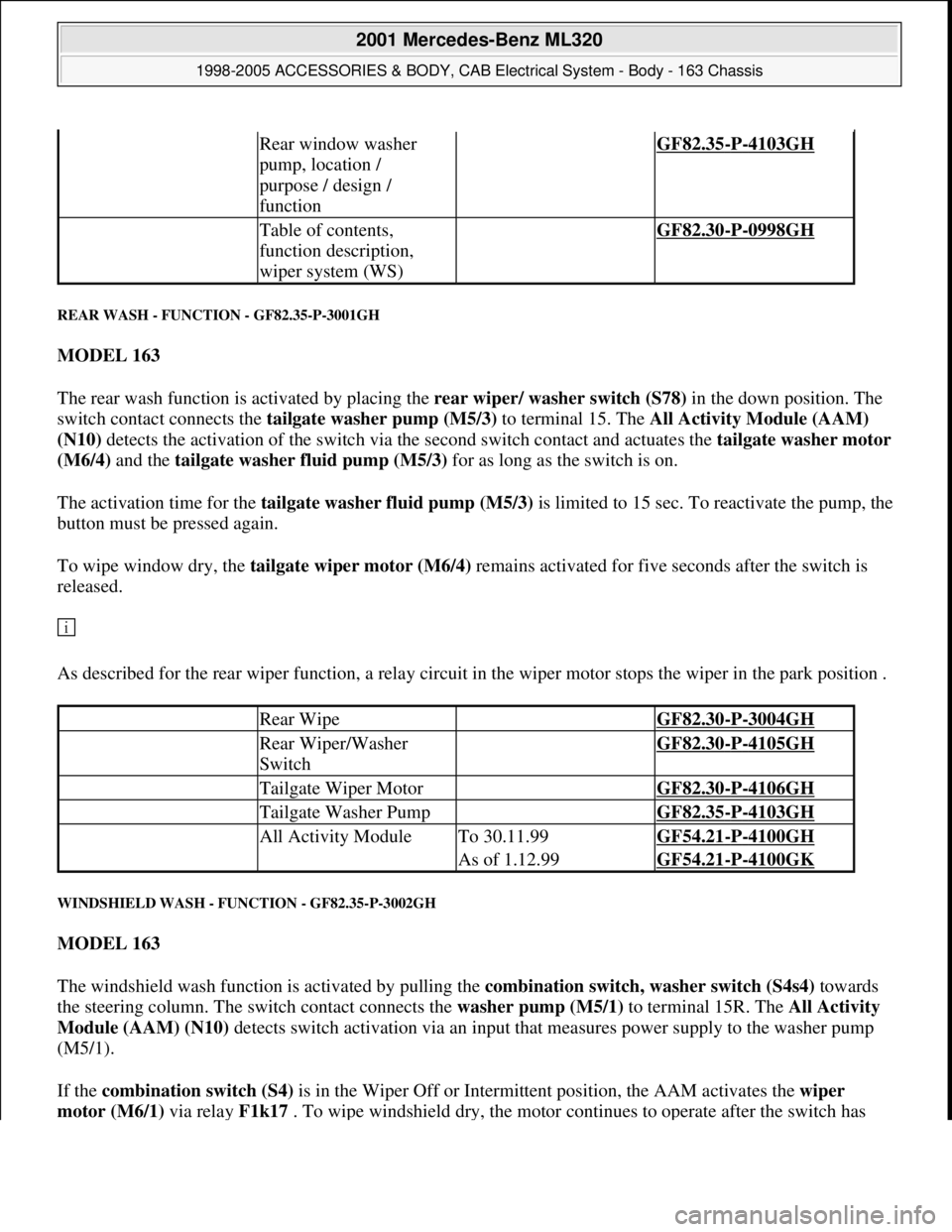 MERCEDES-BENZ ML350 1997  Complete Repair Manual REAR WASH - FUNCTION - GF82.35-P-3001GH 
MODEL 163  
The rear wash function is activated by placing the rear wiper/ washer switch (S78) in the down position. The 
switch contact connects the tailgate 