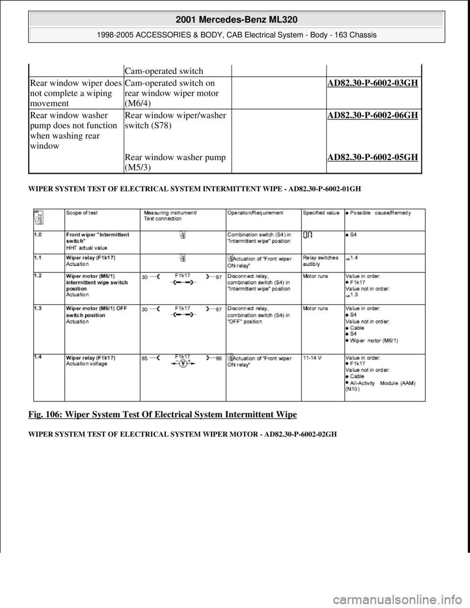 MERCEDES-BENZ ML350 1997 Complete Repair Manual WIPER SYSTEM TEST OF ELECTRICAL SYSTEM INTERMITTENT WIPE - AD82.30-P-6002-01GH
Fig. 106: Wiper System Test Of Electrical System Intermittent Wipe
WIPER SYSTEM TEST OF ELECTRICAL SYSTEM WIPER MOTOR - MERCEDES-BENZ ML350 1997 Complete Repair Manual WIPER SYSTEM TEST OF ELECTRICAL SYSTEM INTERMITTENT WIPE - AD82.30-P-6002-01GH
Fig. 106: Wiper System Test Of Electrical System Intermittent Wipe
WIPER SYSTEM TEST OF ELECTRICAL SYSTEM WIPER MOTOR -