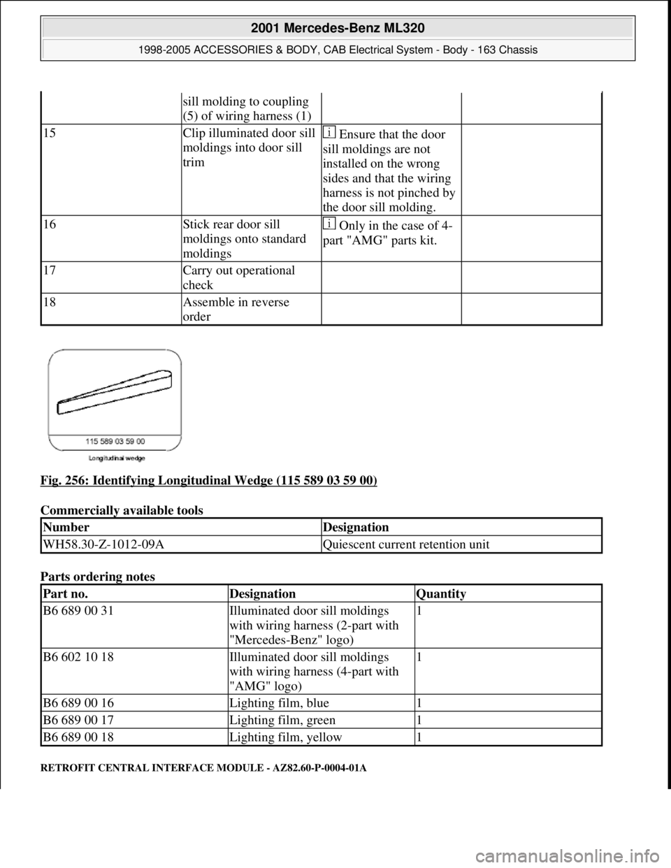 MERCEDES-BENZ ML350 1997  Complete Repair Manual Fig. 256: Identifying Longitudinal Wedge (115 589 03 59 00) 
Commercially available tools 
Parts ordering notes 
RETROFIT CENTRAL INTERFACE MODULE - AZ82.60-P-0004-01A 
sill molding to coupling 
(5) o