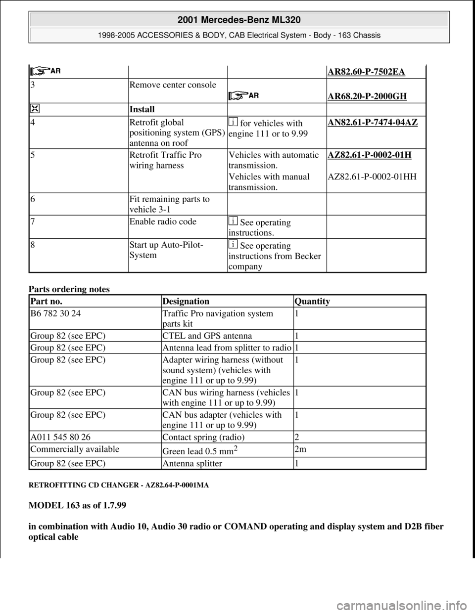 MERCEDES-BENZ ML350 1997  Complete Repair Manual Parts ordering notes 
RETROFITTING CD CHANGER - AZ82.64-P-0001MA 
MODEL 163 as of 1.7.99  
in combination with Audio 10, Audio 30 radio or COMAND operating and display system and D2B fiber 
optical ca