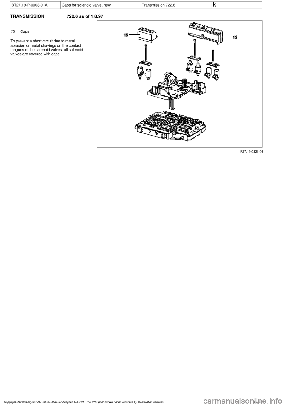 MERCEDES-BENZ ML350 1997  Complete Repair Manual 
 BT27.19-P-0003-01A
Caps for solenoid valve, new
Transmission 722.6
 k
 
TRANSMISSION 
722.6 as of 1.8.97

P27.19-0321-06

15
Caps

To prevent a short-circuit due to metal 

abrasion or metal shaving