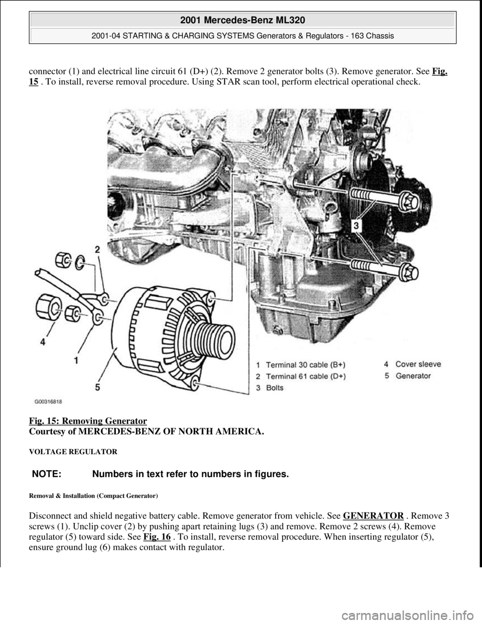 MERCEDES-BENZ ML350 1997  Complete Repair Manual connector (1) and electrical line circuit 61 (D+) (2). Remove 2 generator bolts (3). Remove generator. See Fig. 
15 . To install, reverse removal procedure. Using STAR scan tool, perform electrical op