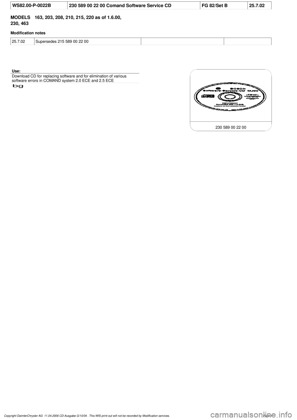 MERCEDES-BENZ ML350 1997  Complete Repair Manual 
 WS82.00-P-0022B
230 589 00 22 00 Comand Software Service CD 
FG 82/Set B
25.7.02

MODELS 
163, 203, 208, 210, 215, 220 as of 1.6.00, 

230, 463

Modification notes

25.7.02

Supersedes 215 589 00 22