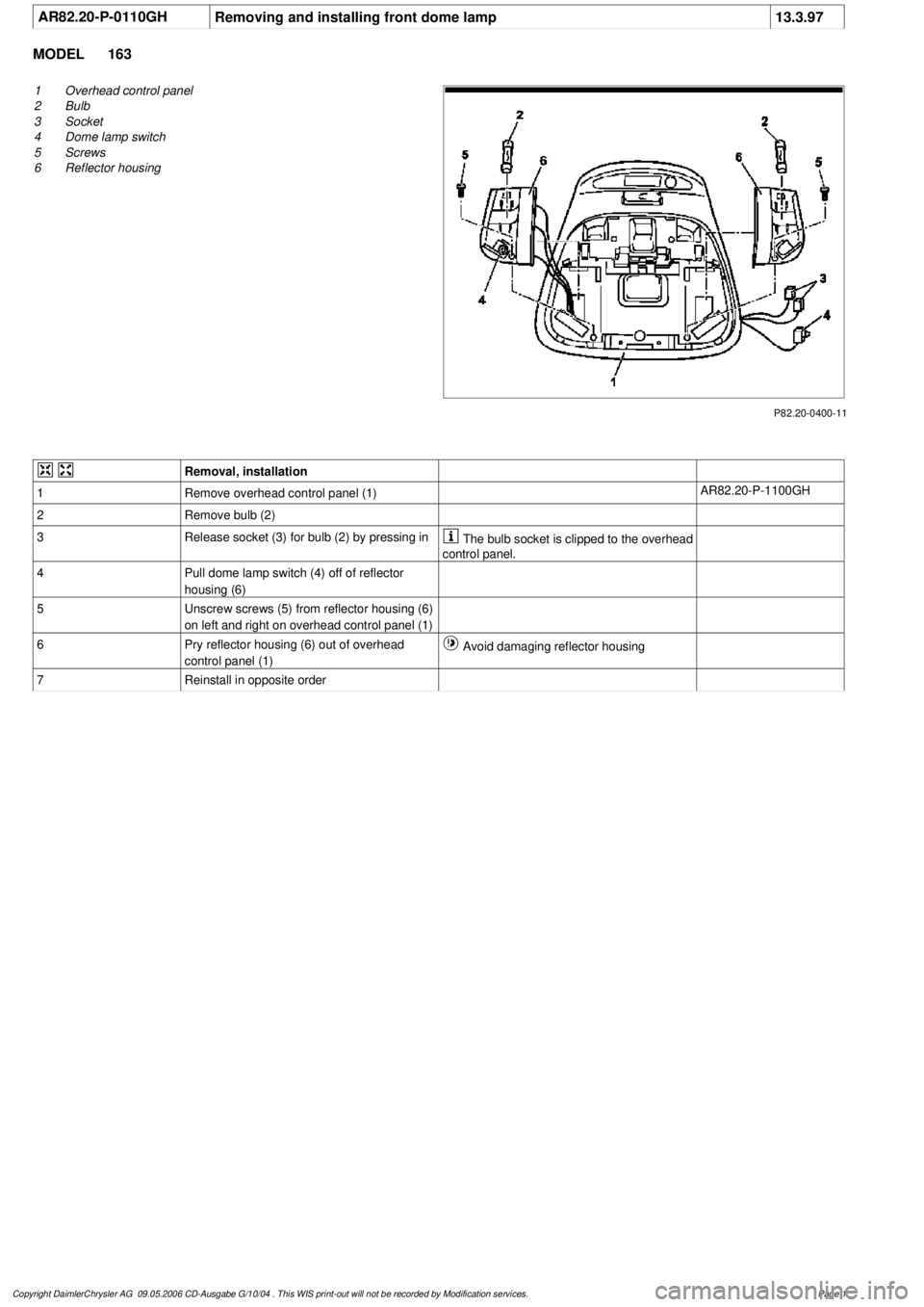 MERCEDES-BENZ ML350 1997  Complete Repair Manual 
 AR82.20-P-0110GH
Removing and installing front dome lamp
13.3.97

MODEL 
163

P82.20-0400-11

1
Overhead control panel

2
 Bulb 

3
 Socket 

4
 Dome lamp switch 

5
 Screws 

6
 Reflector housing 
