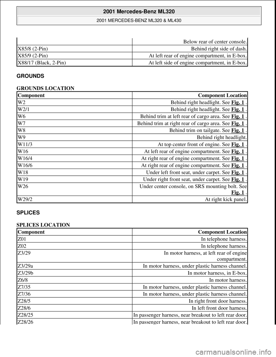 MERCEDES-BENZ ML350 1997  Complete Repair Manual GROUNDS 
GROUNDS LOCATION 
SPLICES 
SPLICES LOCATION 
Below rear of center console.
X85/8 (2-Pin)Behind right side of dash.
X85/9 (2-Pin)At left rear of engine compartment, in E-box.
X88/17 (Black, 2-