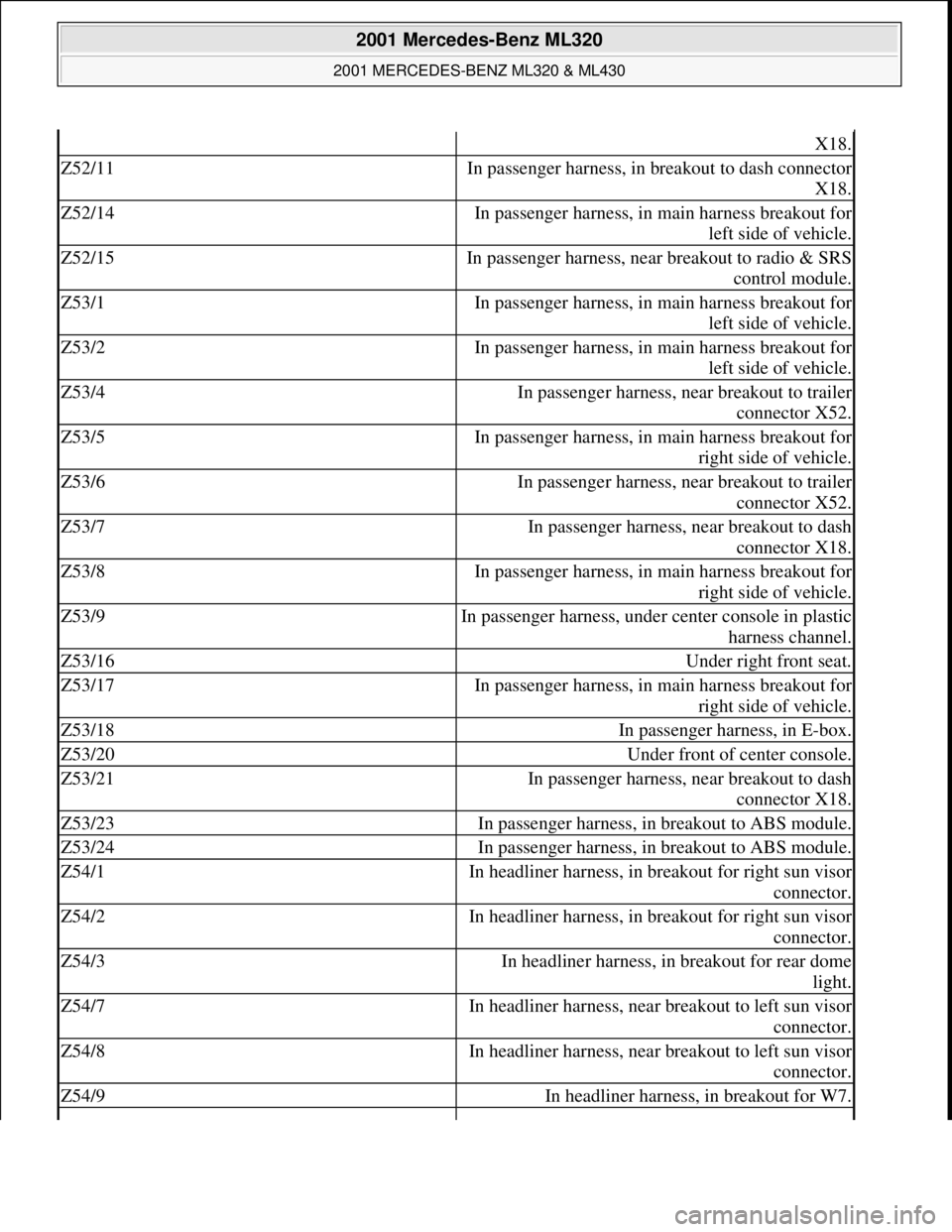 MERCEDES-BENZ ML350 1997  Complete Repair Manual X18.
Z52/11In passenger harness, in breakout to dash connector 
X18.
Z52/14In passenger harness, in main harness breakout for 
left side of vehicle.
Z52/15In passenger harness, near breakout to radio 
