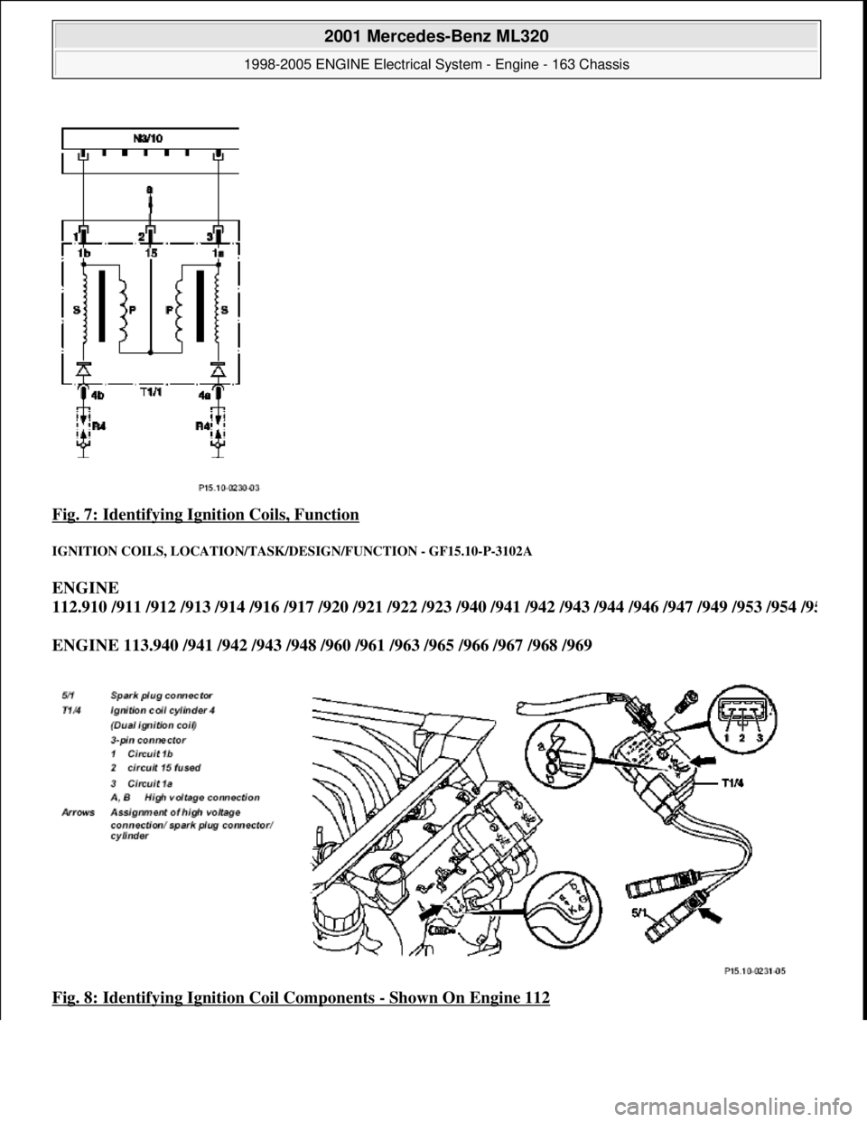 MERCEDES-BENZ ML350 1997  Complete Repair Manual Fig. 7: Identifying Ignition Coils, Function 
IGNITION COILS, LO CATION/TASK/DESIGN/FUNCTION - GF15.10-P-3102A 
ENGINE  
112.910 /911 /912 /913 /914 /916 /917 /920 /921 /922 /923   /940 /941 /942 /943