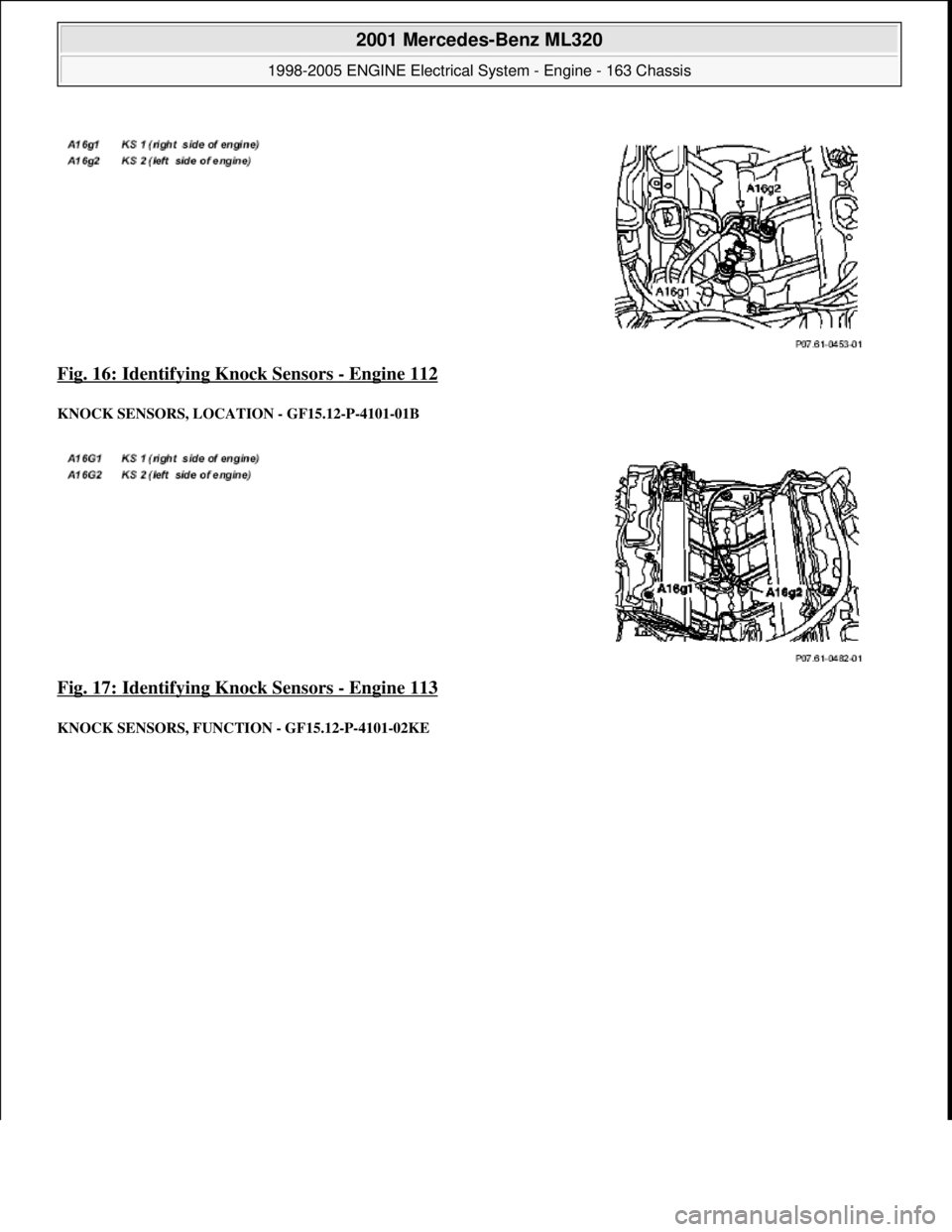 MERCEDES-BENZ ML350 1997  Complete Repair Manual Fig. 16: Identifying Knock Sensors - Engine 112 
KNOCK SENSORS, LOCA TION - GF15.12-P-4101-01B 
Fig. 17: Identifying Knock Sensors - Engine 113 
KNOCK SENSORS, FUNCTION - GF15.12-P-4101-02KE
 
2001 Me