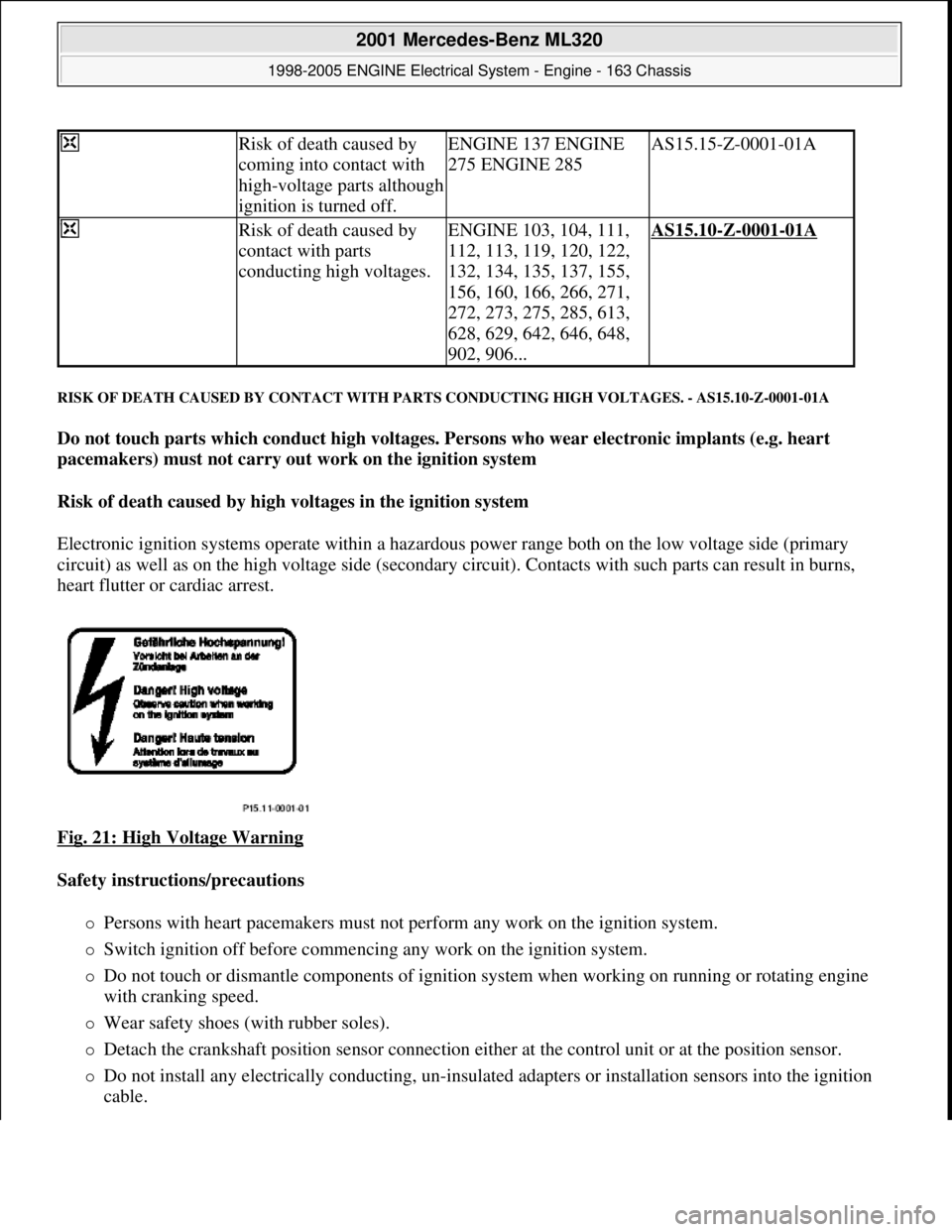 MERCEDES-BENZ ML350 1997  Complete Repair Manual RISK OF DEATH CAUSED BY CONTACT WITH PARTS CONDUCTING HIGH VOLTAGES. - AS15.10-Z-0001-01A 
Do not touch parts which conduct high voltages. Persons who wear electronic implants (e.g. heart 
pacemakers)