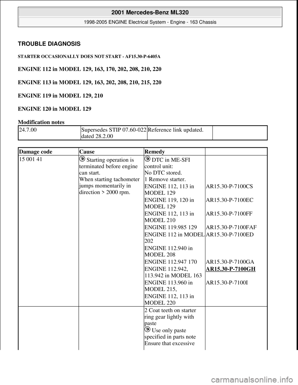 MERCEDES-BENZ ML350 1997  Complete Repair Manual TROUBLE DIAGNOSIS 
STARTER OCCASIONALLY DOES NOT START - AF15.30-P-6405A 
ENGINE 112 in MODEL 129, 163, 170, 202, 208, 210, 220  
ENGINE 113 in MODEL 129, 163, 202, 208, 210, 215, 220  
ENGINE 119 in 